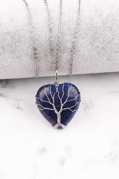 Genel Markalar Lapis Lazuli Doğal Taş Tel Sarmalı Kalp Kolye