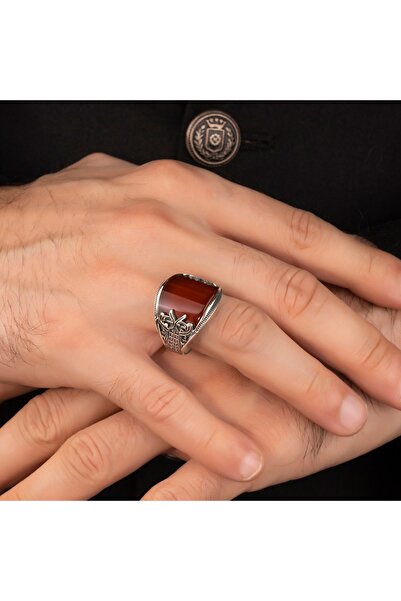 Argento Silver Kırmızı Akik Taşlı 925 Ayar Gümüş Yüzük
