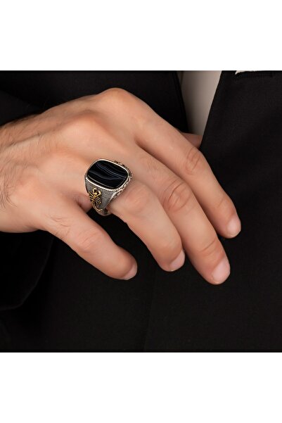 Argento Silver Akrep Motifli Siyah Akik Taşlı 925 Ayar Gümüş Yüzük