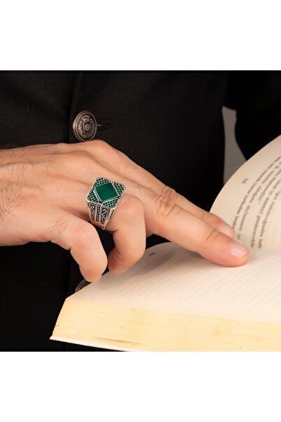Argento Silver Yeşil Akik Taşlı 925 Ayar Gümüş Yüzük Maden = 925 Ayar Gümüş