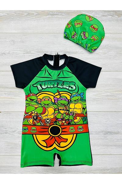 pistyle Boy's Turtles Patterned Green Full Body Swimsuit and Bone, Pack of 2