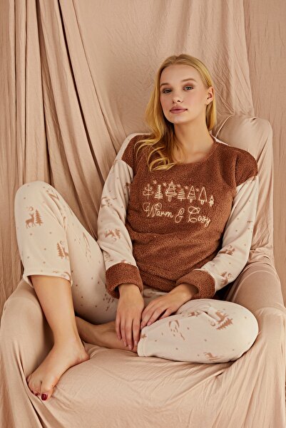 nisaNCa طقم بيجامة صوف نسائي شتوي - ملابس نوم للعام الجديد