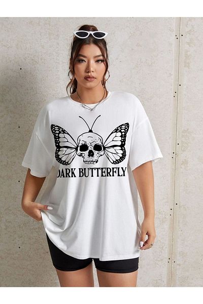 Black Sokak Γυναικείο Tshirt White Skull Butterfly Crew Neck