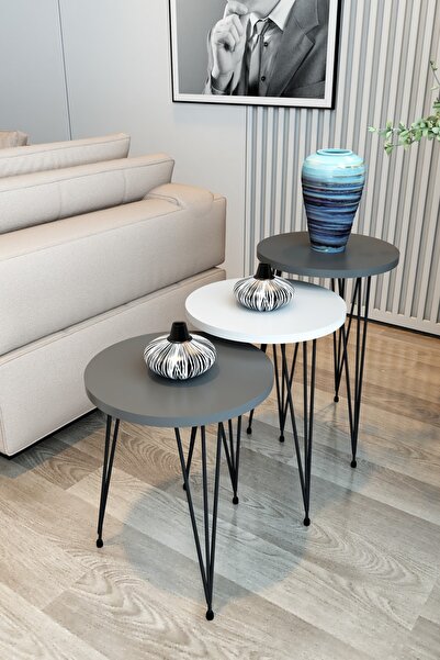 Modalanka 3'lü Zigon Sehpa Yuvarlak Model Zigon Sehpa Metal Tel Ayak