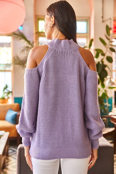 Olalook Lilafarbener Damenpullover mit halbhohem Fischerschulterausschnitt und tiefem Ausschnitt, lässiger Strickpullover KZK-19000533
