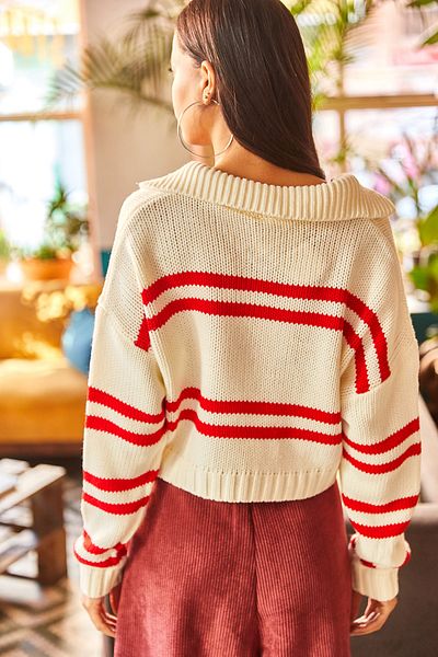 Olalook Women's Ecru Red Polo Collar Striped Crop Knitwear Sweater KZK-19000550