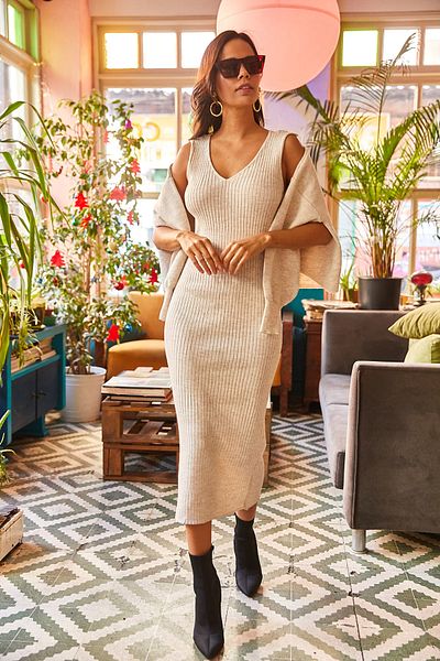 Olalook Damen Strickwaren-Set mit Oberteil und kurzem Pullover sowie Trägerkleid in Steinoptik TKM-19000176