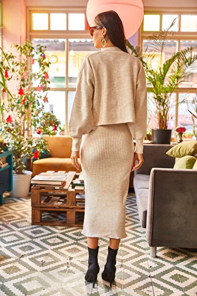 Olalook Women's Stone Top Crop Sweater Bottom Strap Dress Knitwear Set TKM-19000176