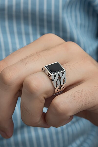 ALYANSEVİM Kare Oniks Taşlı 925 Gümüş Erkek Yüzük