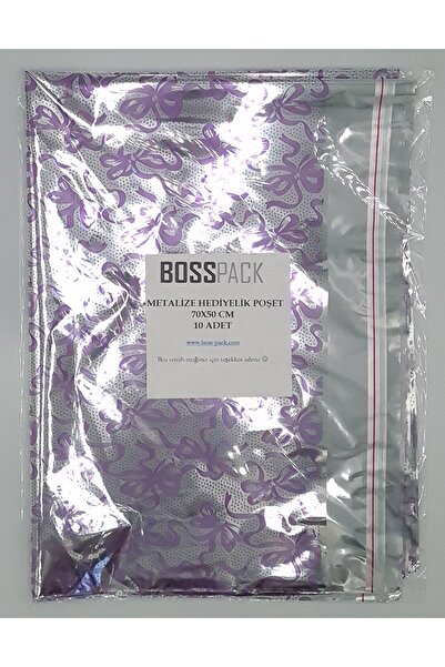 BossPack Metalize Bantlı (70X50CM) Jelatin Hediye Poşeti (10 ADET) - Desenli Hediye Poşeti