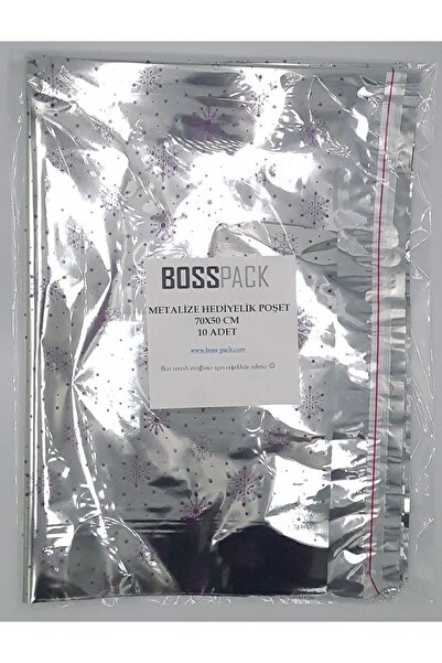 BossPack Metalize Bantlı (70X50CM) Jelatin Hediye Poşeti (10 ADET) - Desenli Hediye Poşeti