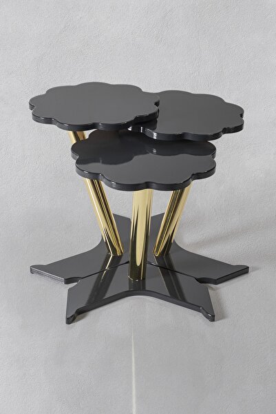 Veys Sehpa 3 Lü Gold Papatya Zigon Sehpa - Füme