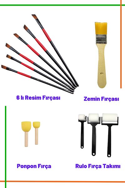 O&S Oyun ve Sanat Eğlen-Üret Brush Set, Painting Ceramic Hobby Brush Set. Pompom Roller Ground Oil Paint Brush