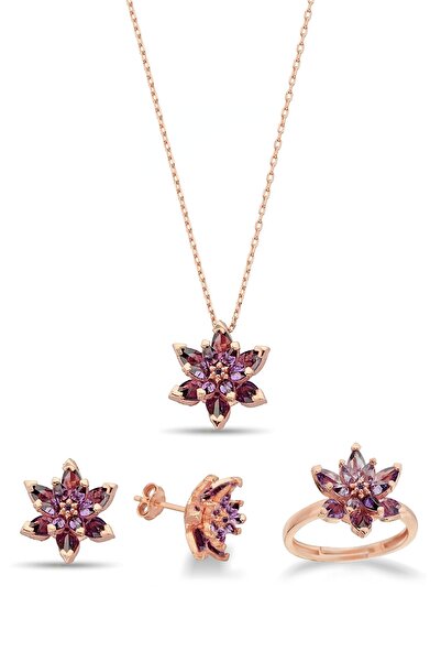 Argentum Concept 925 Ayar Gümüş Rose Mor Lotus Çiçeği Üçlü Set - 67019701