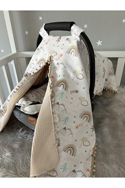 Jaju Baby Kahve Pike Ve Müslin Dağ Desen Tasarım Çift Taraflı Ponponlu Puset ...