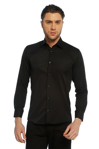 Dicotto Μαύρο Micro υφασμάτινο μανικετόκουμπα Slim Fit μονόχρωμο ανδρικό πουκάμισο - 199-2