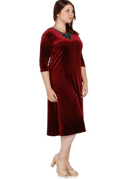Nidya Moda Women's Burgundy Flower Collar Velvet Evening Dress 4075B