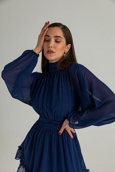 lovebox Podšitá šifonová tkanina, večerní mini šaty s dlouhým rukávem v tmavě modré barvě bez zad 066