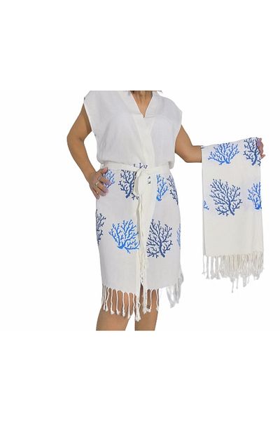 Nevin Acar Σετ μπουρνούζι και πετσέτα Peshtemal Blue Coral Kimona Peshtemal 2 τεμαχίων