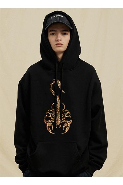 Touz Moda Dompuleri Fashion Skeleton Scorpion Μαύρο Unisex Φούτερ με κουκούλα Oversize Φούτερ με κουκούλα