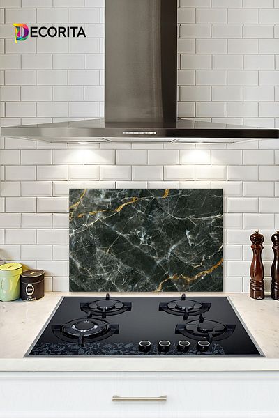 Decorita Protector de spate pentru aragaz din sticla |   Aspect de marmură neagră cu detaliu maro |   40 cm X 60 cm