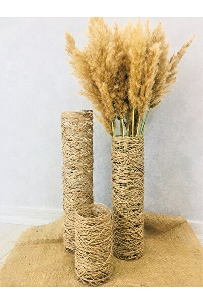 Asenya Hasır Örgü Vazo 3 lü Set 20 cm 40 cm 50 cm Hasır Örgülü Çiçeklik Yapay...