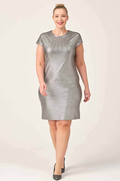 Oktay Ithal Gümüş Renkli Kumaş Inci Aksesuarlı Astarlı Gümüş Renk Büyük Beden...