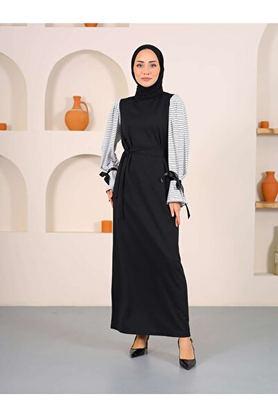 Genel Markalar Çizgili Balon Kol Siyah Beyaz Elbise