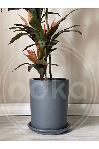odka 40litre Silindir Saksı Tabaklı Yükseklik:40cm Çap:33cm Koyu Füme