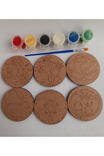 Ebrulisler Çiçek Desen 6'lı Ahşap Boyama Bardak Altlığı Hobi Seti