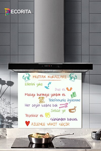 Decorita Cam Ocak Arkası Koruyucu | Beyaz Fon - Renkli Mutfak Kuralları | 52c...