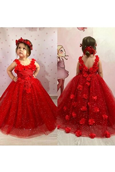 mashokids Kristal Tüllü - Kırmızı Güllü -kabarık Taçlı Kız Çocuk Elbise
