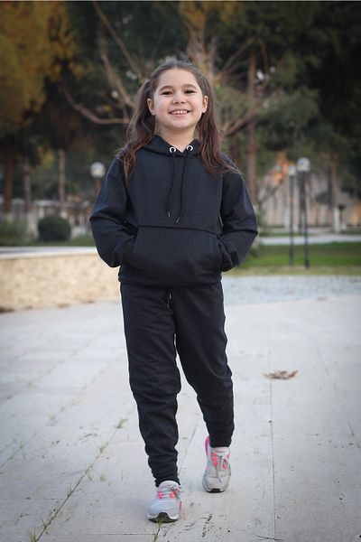 han elegant 2-piece Girl's Solid Color Tracksuit with Hooded Kangaroo Pocket