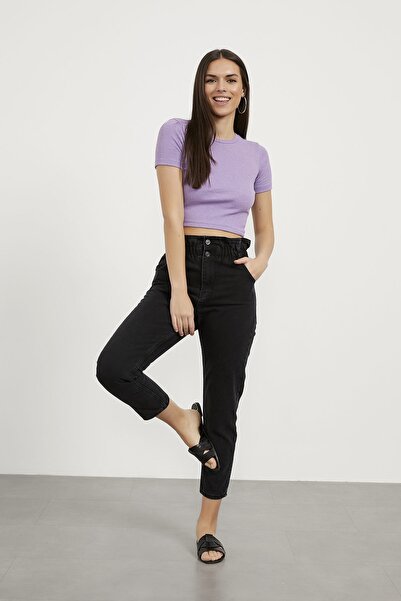 MAKRAS EXCLUSIVE Anthracite Women's Extra High Waist Belt Gathered Mom Jean Trousers