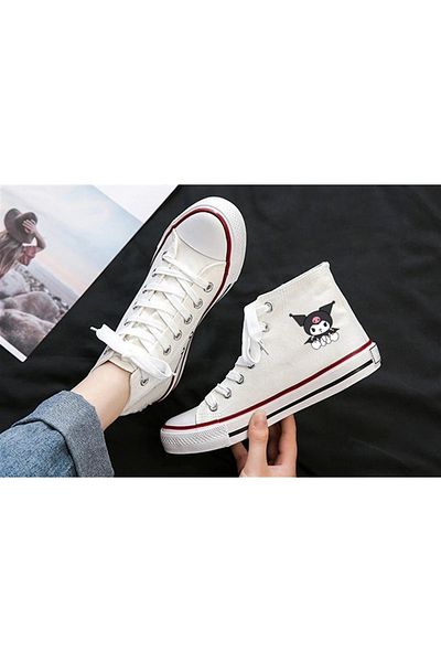 Touz Moda Dompuleri Fashion Kuromi Sitting Printed White Canvas Shoes