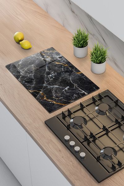 Decorita Hob Side Preparation Glass| Black Marble Look with Brown Detail| 40cm X 60cm
