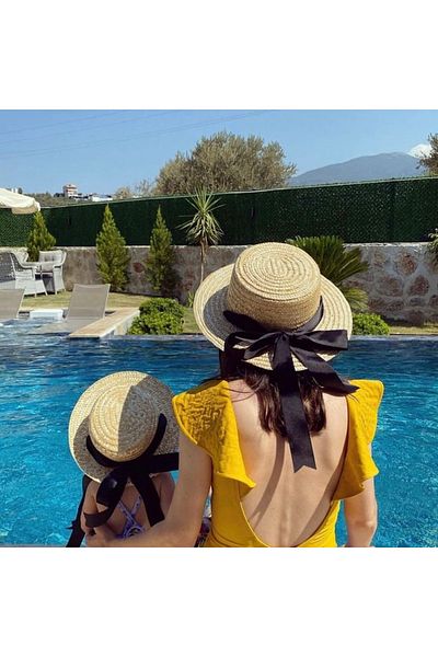 laviyonsa Mother & Girl Combination Tied Ribbon Flared Straw Hat