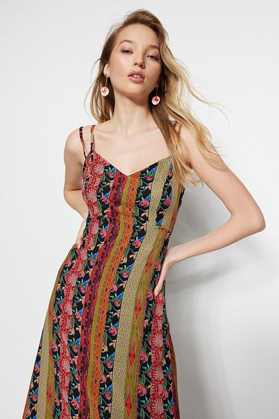 Trendyol Collection Többszínű mintás A-szabású pántos Midi bélelt szőtt ruha TWOSS23EL00989