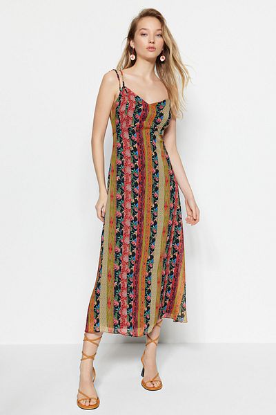 Trendyol Collection Többszínű mintás A-szabású pántos Midi bélelt szőtt ruha TWOSS23EL00989