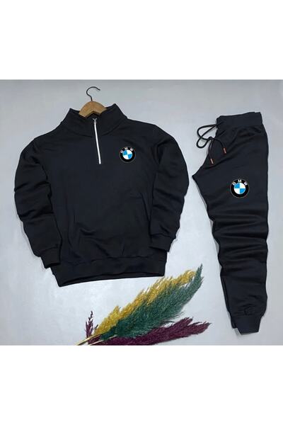 NewCabin Hanorac unisex cu jumătate de fermoar cu imprimeu Bmw - Pantaloni de trening Set de 2