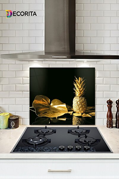 Decorita Cam Ocak Arkası Koruyucu | Altın Ananas | 52cm X 60cm