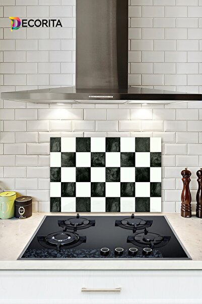 Decorita Cam Ocak Arkası Koruyucu | Damalı Desen | 40cm X 60cm