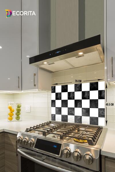 Decorita Cam Ocak Arkası Koruyucu | Damalı Desen | 49,5cm X 76cm