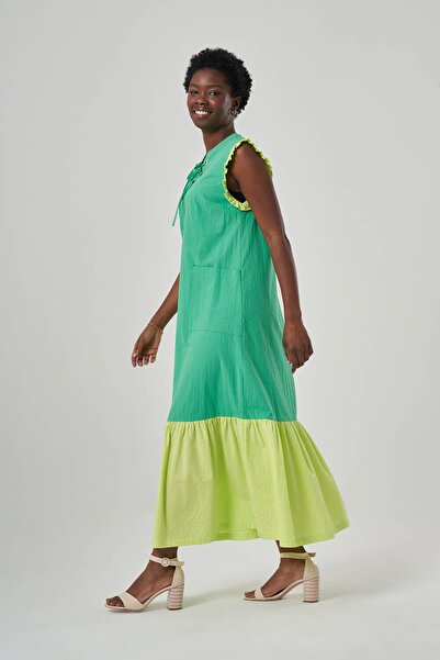 Mizalle Green Dress with Color Block Placket