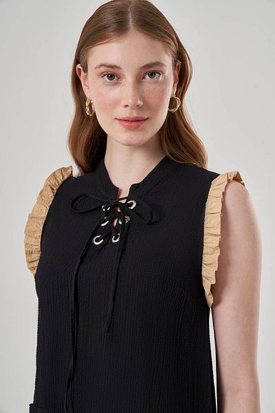 Mizalle Black Dress with Color Block Placket