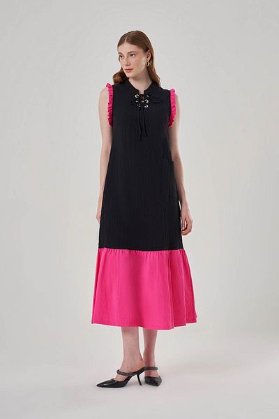 Mizalle Black Dress with Color Block Placket