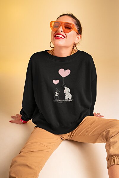 Advantage المرأة السوداء بالون القلب نمط الحيوان مطبوعة طاقم الرقبة البلوز