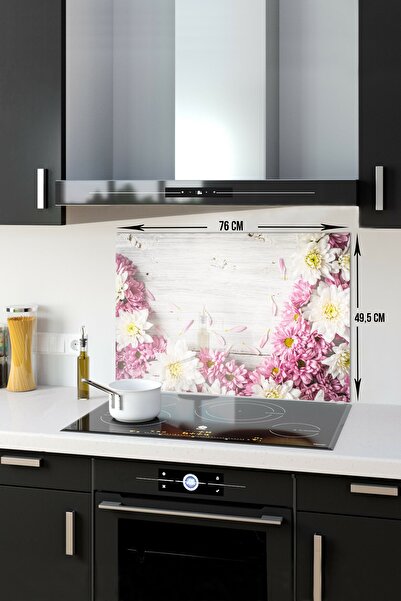 Decorita Cam Ocak Arkası Koruyucu | Pembe Kasımpatı | 49,5cm X 76cm
