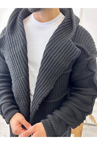 elkumoda سترة صوفية طويلة بغطاء للرأس وجيب محبوك