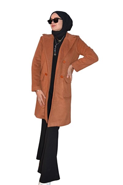 ASELA. معطف مخيط مزدوج الصدر بلون أسمر